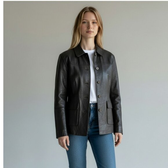Lucky Brand Jackets & Blazers - Lucky Brand Dungarees America Y2K Womens Leather Jacket Brown Sz S Button Front